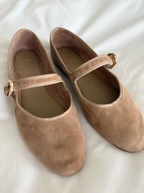 Zara Suede Mary Jane Ballet Flats in Sandy Brown